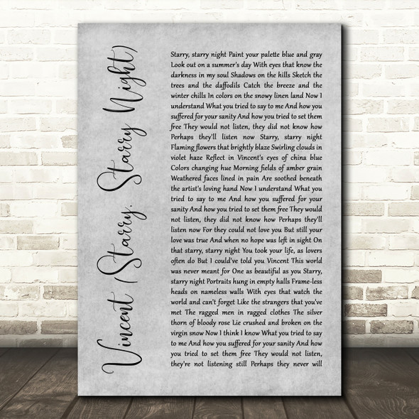 Don McLean Vincent (Starry, Starry Night) Rustic Script Grey Song Lyric Print