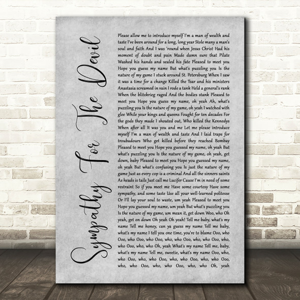 The Rolling Stones Sympathy For The Devil Rustic Script Grey Song Lyric Print