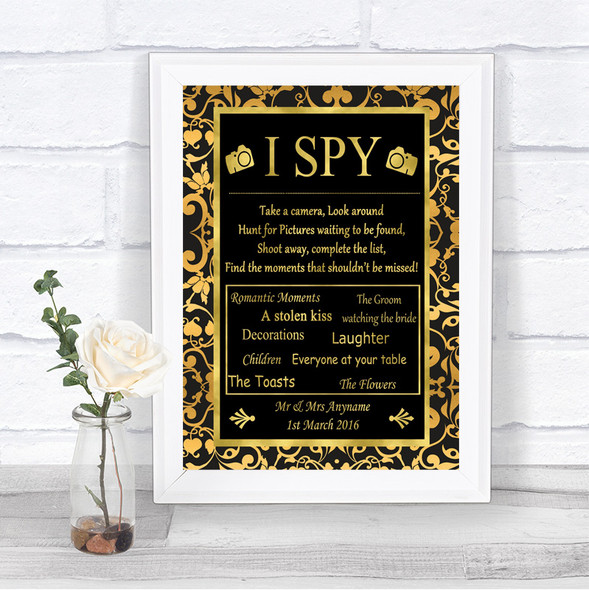 Black & Gold Damask I Spy Disposable Camera Personalized Wedding Sign