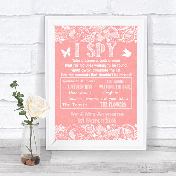 Coral Burlap & Lace I Spy Disposable Camera Personalized Wedding Sign