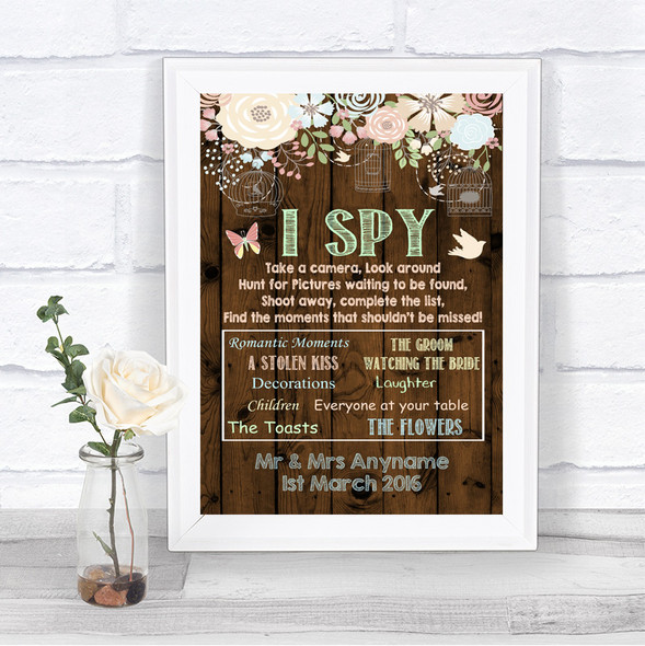 Rustic Floral Wood I Spy Disposable Camera Personalized Wedding Sign