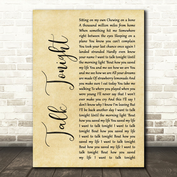 Oasis Talk Tonight Rustic Script Song Lyric Print