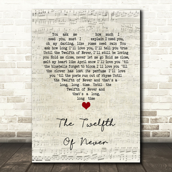 JOHNNY MATHIS The Twelfth Of Never Script Heart Song Lyric Print