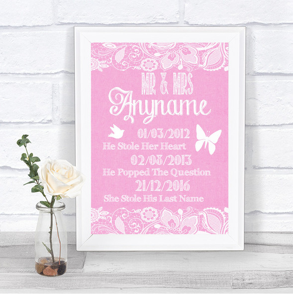 Pink Burlap & Lace Important Special Dates Personalized Wedding Sign