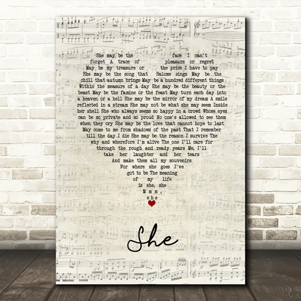 Charles Aznavour She Script Heart Song Lyric Print