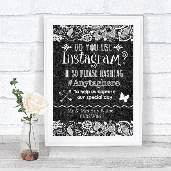 Dark Grey Burlap & Lace Instagram Photo Sharing Personalized Wedding Sign