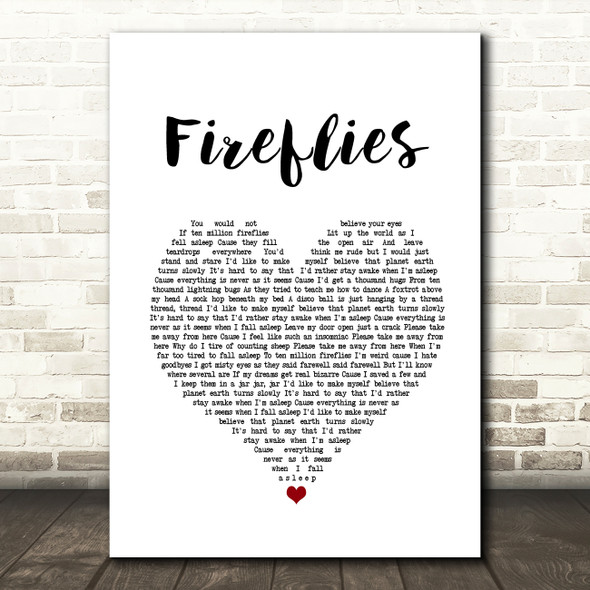 Owl City Fireflies White Heart Song Lyric Print