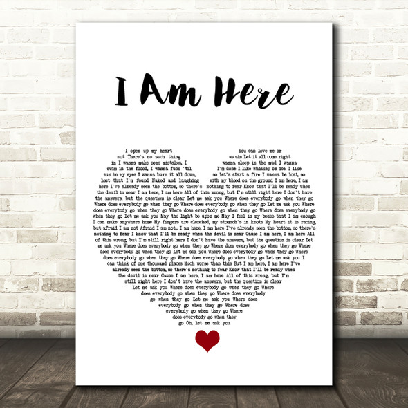 Pink I Am Here White Heart Song Lyric Print