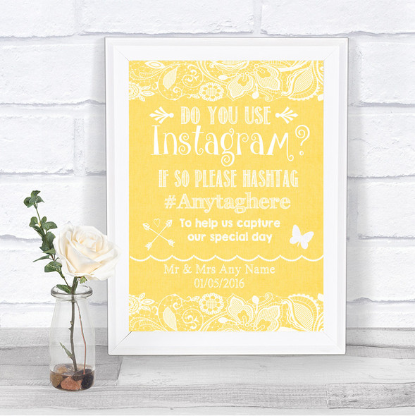 Yellow Burlap & Lace Instagram Photo Sharing Personalized Wedding Sign