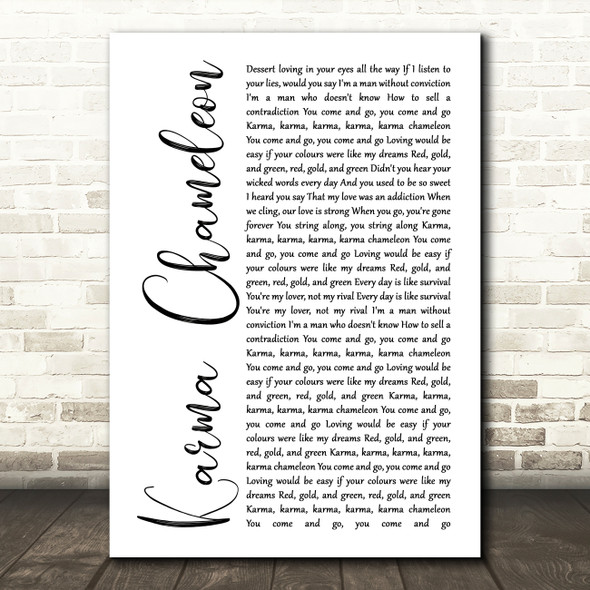 Culture Club Karma Chameleon White Script Song Lyric Print