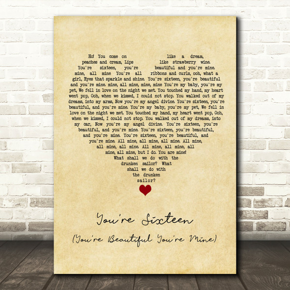 Ringo Starr You're Sixteen (You're Beautiful You're Mine) Vintage Heart Song Lyric Quote Music Poster Print