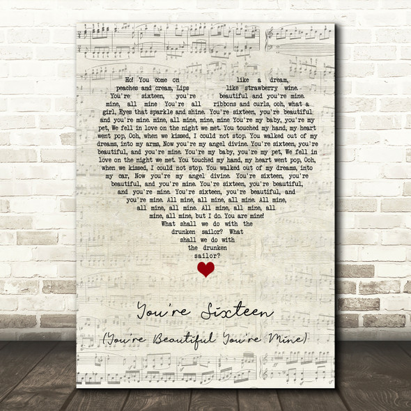 Ringo Starr You're Sixteen (You're Beautiful You're Mine) Script Heart Song Lyric Quote Music Poster Print