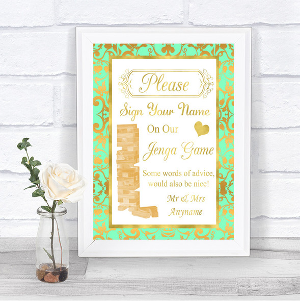 Mint Green & Gold Jenga Guest Book Personalized Wedding Sign