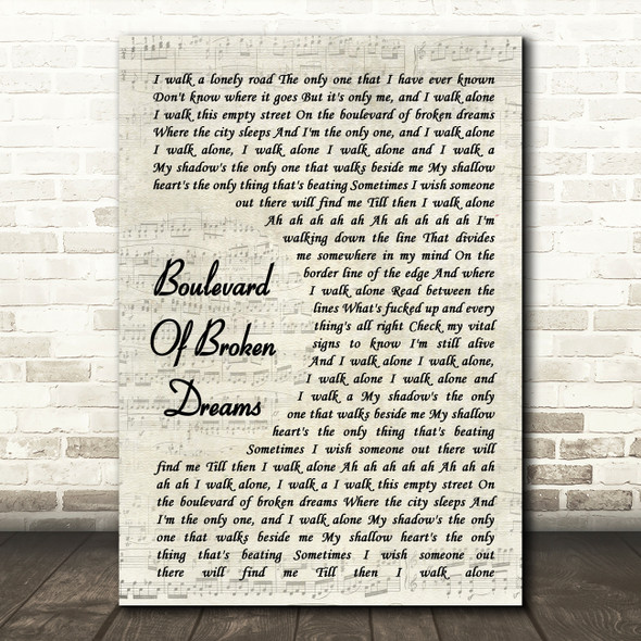 Green Day Boulevard Of Broken Dreams Vintage Script Song Lyric Quote Music Poster Print