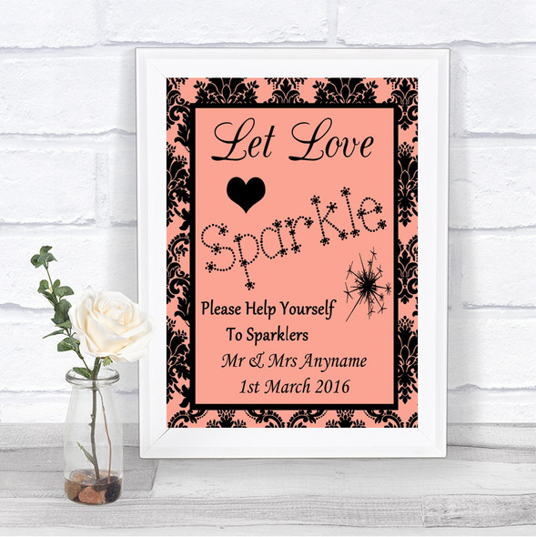 Coral Damask Let Love Sparkle Sparkler Send Off Personalized Wedding Sign