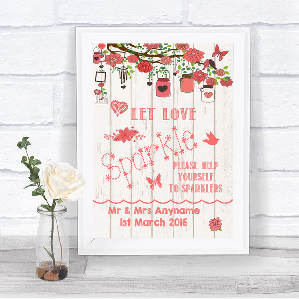 Coral Rustic Wood Let Love Sparkle Sparkler Send Off Personalized Wedding Sign