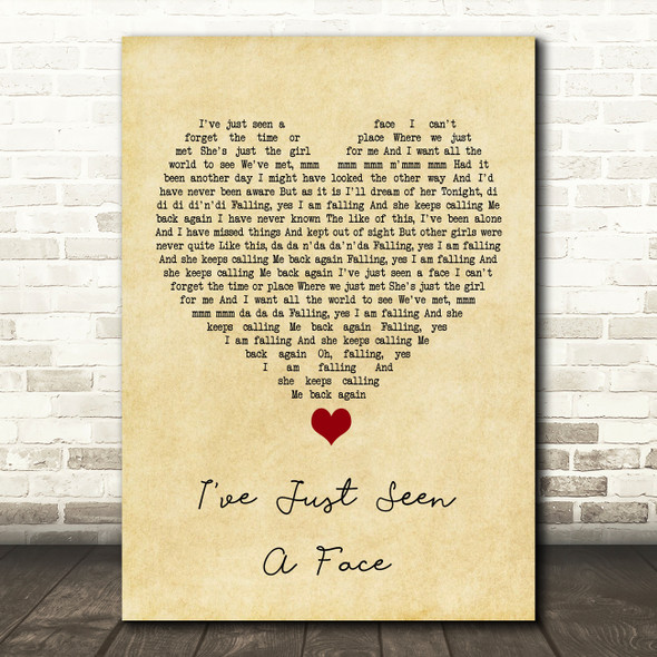 The Beatles I've Just Seen A Face Vintage Heart Song Lyric Quote Music Poster Print