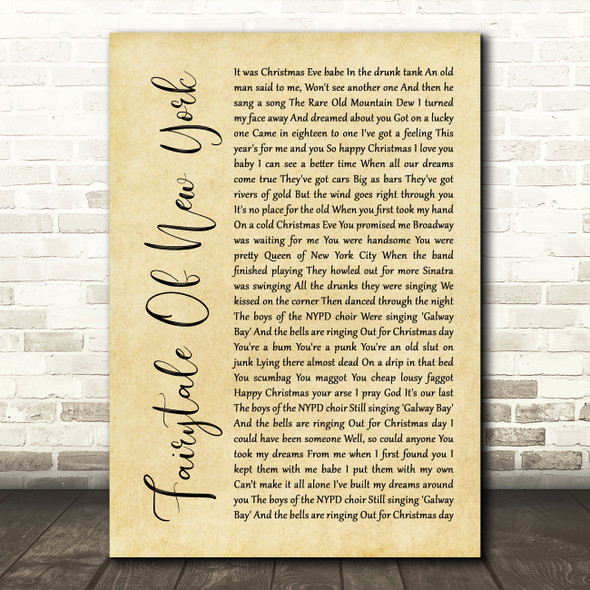 The Pogues Fairytale Of New York Rustic Script Song Lyric Quote Music Poster Print