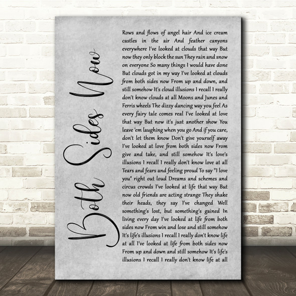 Joni Mitchell Both Sides Now Grey Rustic Script Song Lyric Quote Music Poster Print
