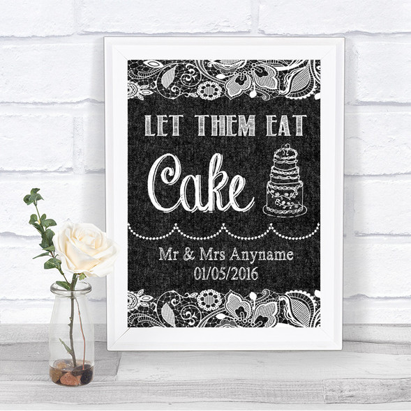 Dark Grey Burlap & Lace Let Them Eat Cake Personalized Wedding Sign