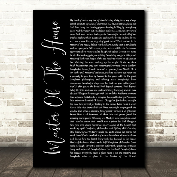 Les Miserables Cast Master Of The House Black Script Song Lyric Quote Music Poster Print