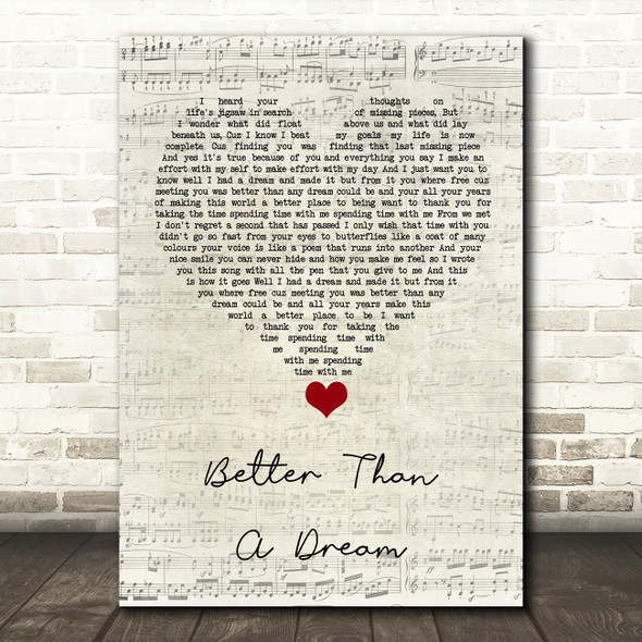 Marty Mone Better Than A Dream Script Heart Song Lyric Quote Music Poster Print