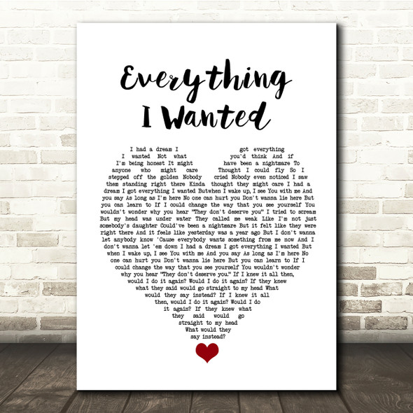 Billie Eilish Everything I Wanted White Heart Song Lyric Quote Music Poster Print