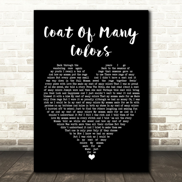 Dolly Parton Coat Of Many Colors Black Heart Song Lyric Quote Music Poster Print