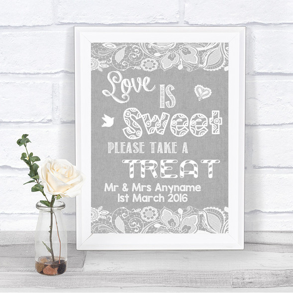 Grey Burlap & Lace Love Is Sweet Take A Treat Candy Buffet Wedding Sign