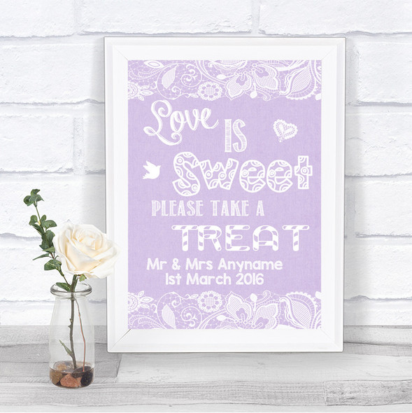 Lilac Burlap & Lace Love Is Sweet Take A Treat Candy Buffet Wedding Sign