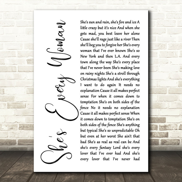 Garth Brooks She's Every Woman White Script Song Lyric Quote Music Poster Print