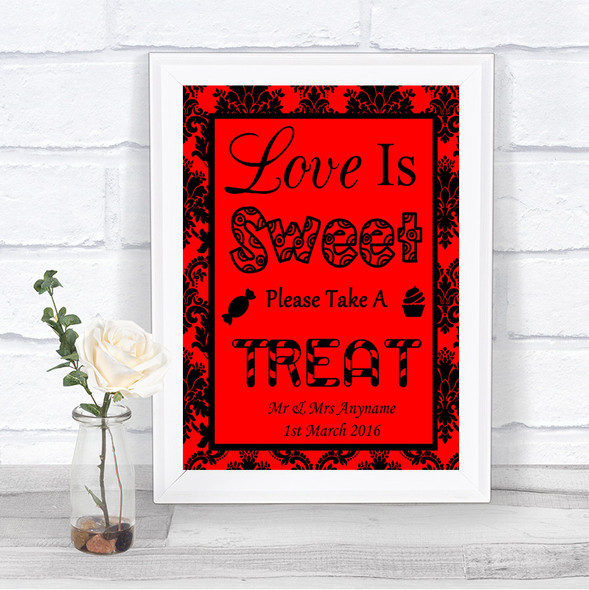 Red Damask Love Is Sweet Take A Treat Candy Buffet Personalized Wedding Sign