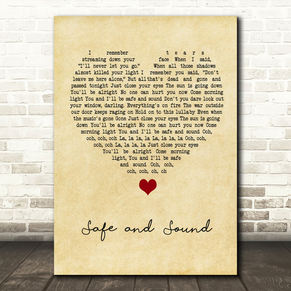 Taylor Swift Safe and Sound Vintage Heart Song Lyric Quote Music Poster Print