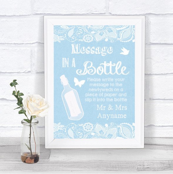 Blue Burlap & Lace Message In A Bottle Personalized Wedding Sign