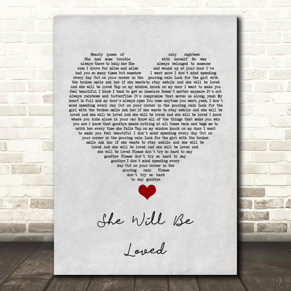 Maroon 5 She Will Be Loved Grey Heart Song Lyric Quote Music Poster Print