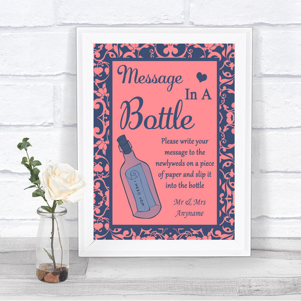 Coral Pink & Blue Message In A Bottle Personalized Wedding Sign