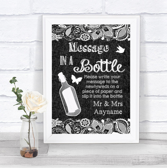 Dark Grey Burlap & Lace Message In A Bottle Personalized Wedding Sign