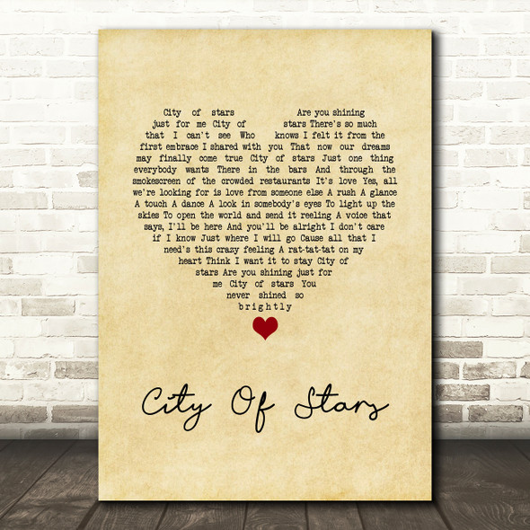 La La Land Cast City Of Stars Vintage Heart Song Lyric Quote Music Poster Print