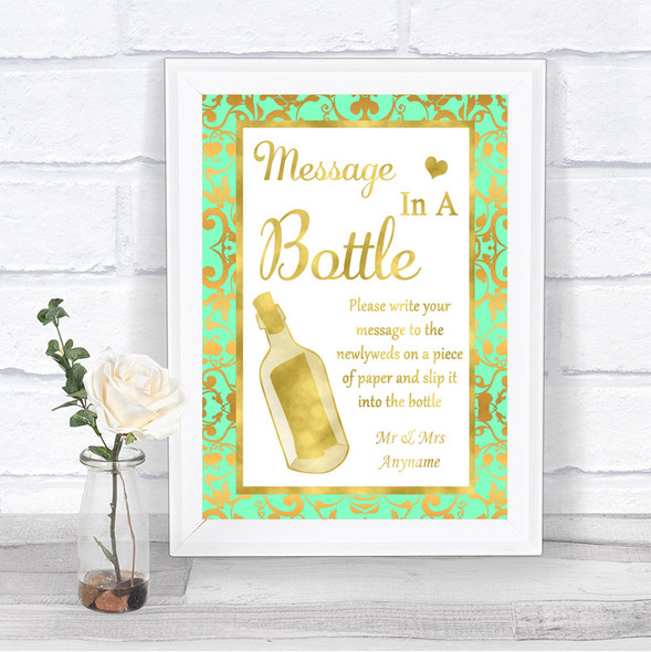 Mint Green & Gold Message In A Bottle Personalized Wedding Sign