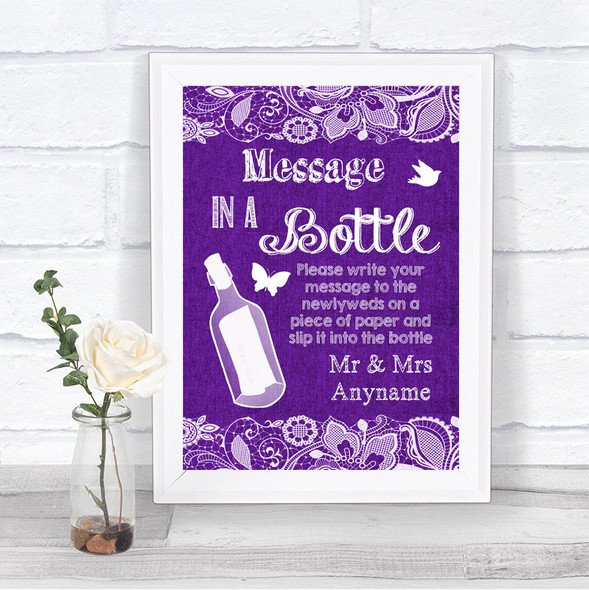 Purple Burlap & Lace Message In A Bottle Personalized Wedding Sign