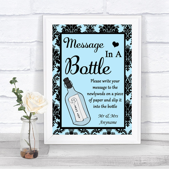 Sky Blue Damask Message In A Bottle Personalized Wedding Sign