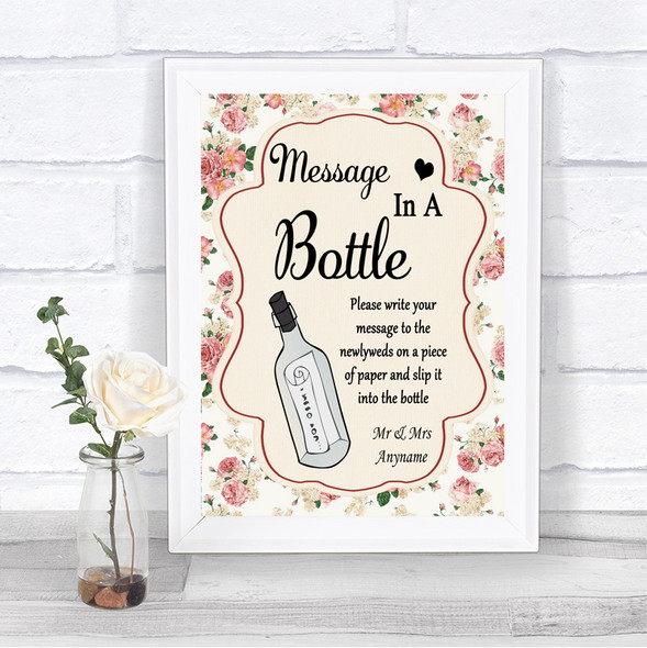 Vintage Roses Message In A Bottle Personalized Wedding Sign