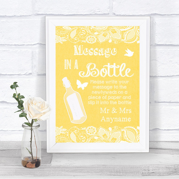Yellow Burlap & Lace Message In A Bottle Personalized Wedding Sign