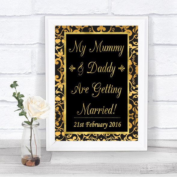 Black & Gold Damask Mummy Daddy Getting Married Personalized Wedding Sign