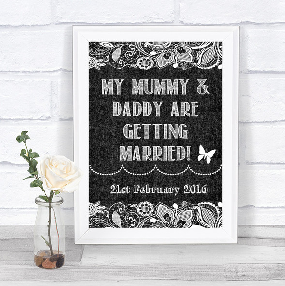 Dark Grey Burlap & Lace Mummy Daddy Getting Married Personalized Wedding Sign