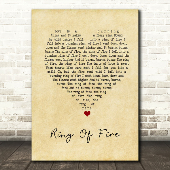 Johnny Cash Ring Of Fire Vintage Heart Song Lyric Quote Music Poster Print