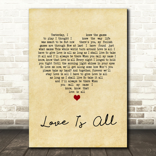 Engelbert Humperdinck Love Is All Vintage Heart Song Lyric Quote Music Poster Print