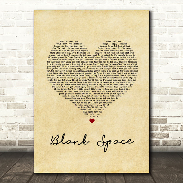 Taylor Swift Blank Space Vintage Heart Song Lyric Quote Music Poster Print