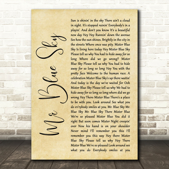 ELO Mr Blue Sky Rustic Script Song Lyric Quote Music Poster Print