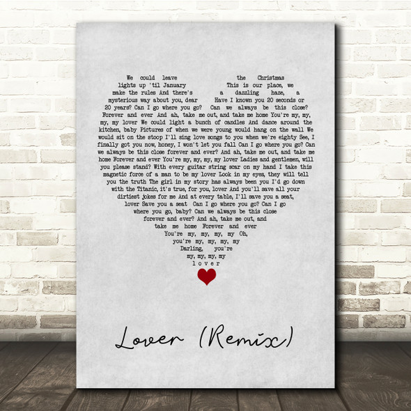 Taylor Swift feat Shawn Mendes Lover (Remix) Grey Heart Song Lyric Quote Music Poster Print